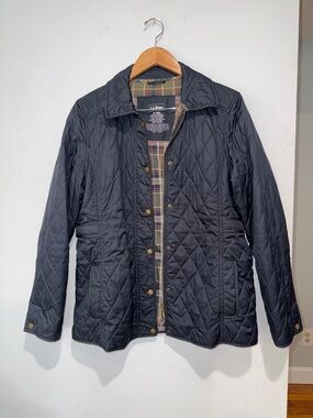 L.L. Bean Navy Quilted Jacket with Plaid Lining